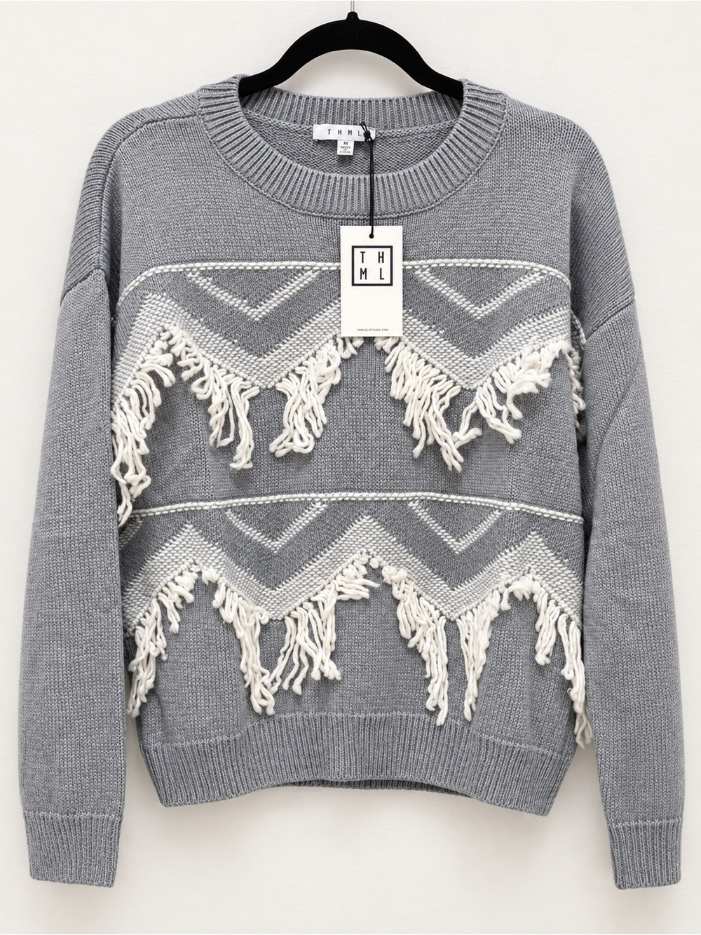 THML Gray Crewneck Sweater with Cream Fringe Chevron Detail